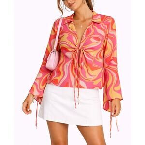 Dress Forum Swirl Tie Front Top Medium Pink Orange Y2K Retro Psychedelic Groovy
